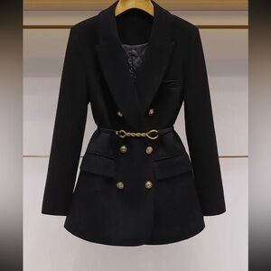 Belted Double-Breasted Mid-Length Blazer with gold belt